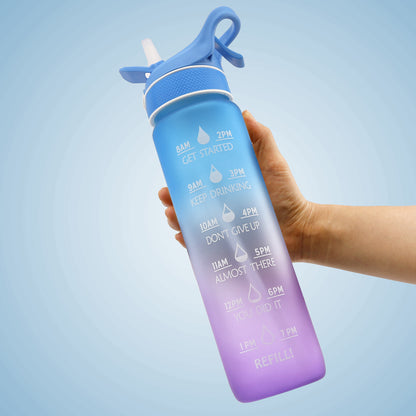 1L Sports Water Bottle with Straw, Quick-Open Cover, Time Marker - Leakproof, Portable, Gym & Outdoor Hydration