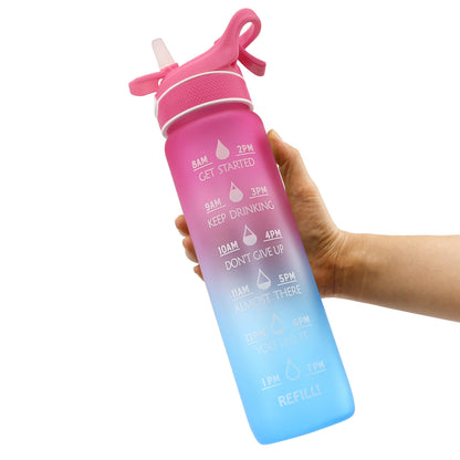 1L Sports Water Bottle with Straw, Quick-Open Cover, Time Marker - Leakproof, Portable, Gym & Outdoor Hydration