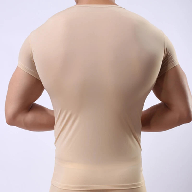 Men's Sheer Undershirts Man Ice Silk Mesh See through Basics Shirts Sexy Fitness Bodybuilding Underwear