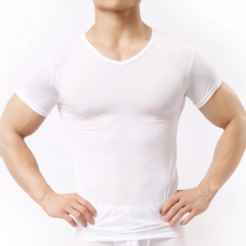 Men's Sheer Undershirts Man Ice Silk Mesh See through Basics Shirts Sexy Fitness Bodybuilding Underwear