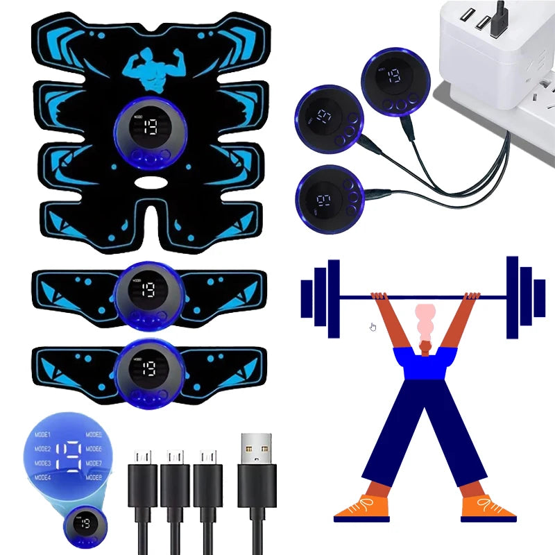 USB Rechargeable EMS Muscle Stimulator - 3 in 1 Trainer Pad for Arm & Abdominal Fitness