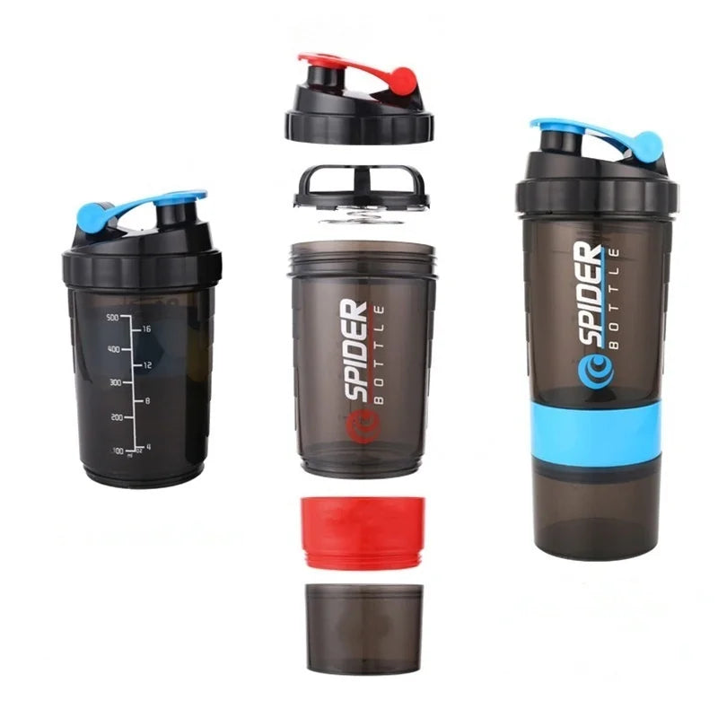 500ML 3 Layers Shaker Protein Bottle Powder Shake Cup Water Bottle Plastic Mixing Cup Body Building Exercise Bottle