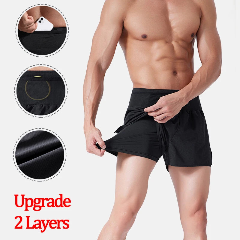 Double Layer Quick Dry Fitness Running Shorts with Zipper Pocket - Men & Women Marathon Training