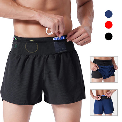 Double Layer Quick Dry Fitness Running Shorts with Zipper Pocket - Men & Women Marathon Training