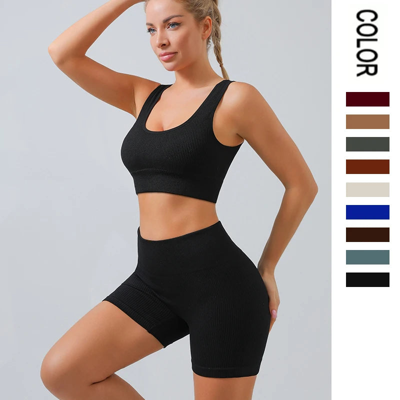 Ribbed Seamless Sport Set - Women's Crop Top Bra and Leggings Yoga Outfit Clothes