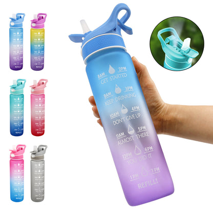 1L Sports Water Bottle with Straw, Quick-Open Cover, Time Marker - Leakproof, Portable, Gym & Outdoor Hydration