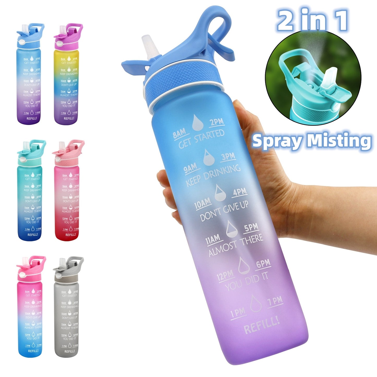 1L Sports Water Bottle with Straw, Quick-Open Cover, Time Marker - Leakproof, Portable, Gym & Outdoor Hydration